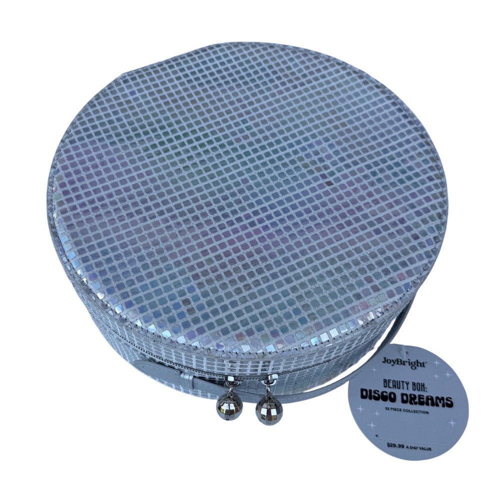 JoyBright Disco Dreams Beauty Box Silver Holographic Round Train Case Mirror NWT